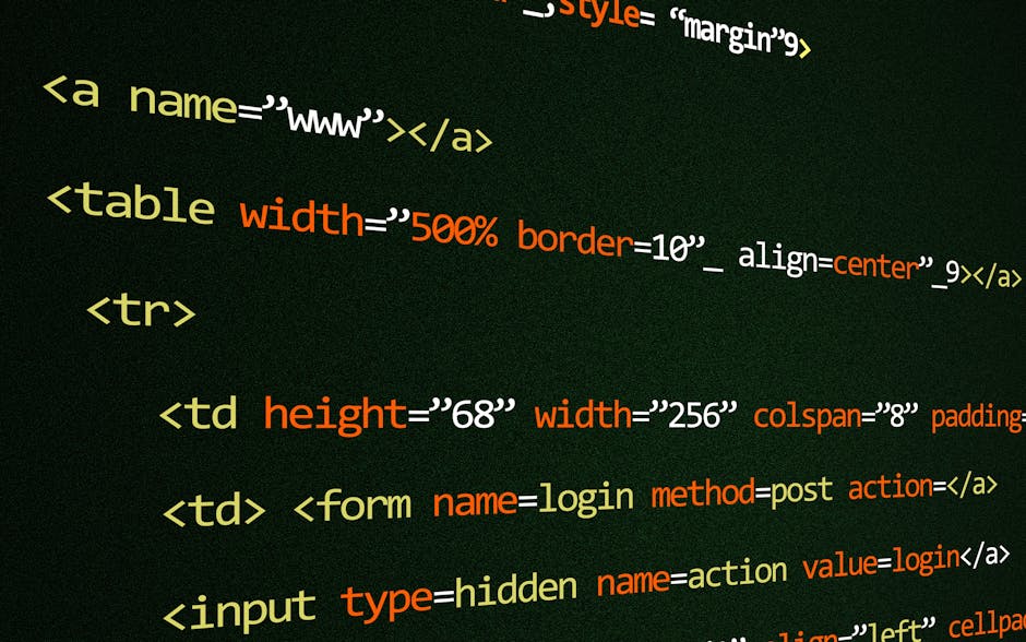 A close-up image of a computer screen displaying lines of HTML code in various colors, including pink, green, and white, on a black background. The code consists of nested tags such as <div>, <nav>, <